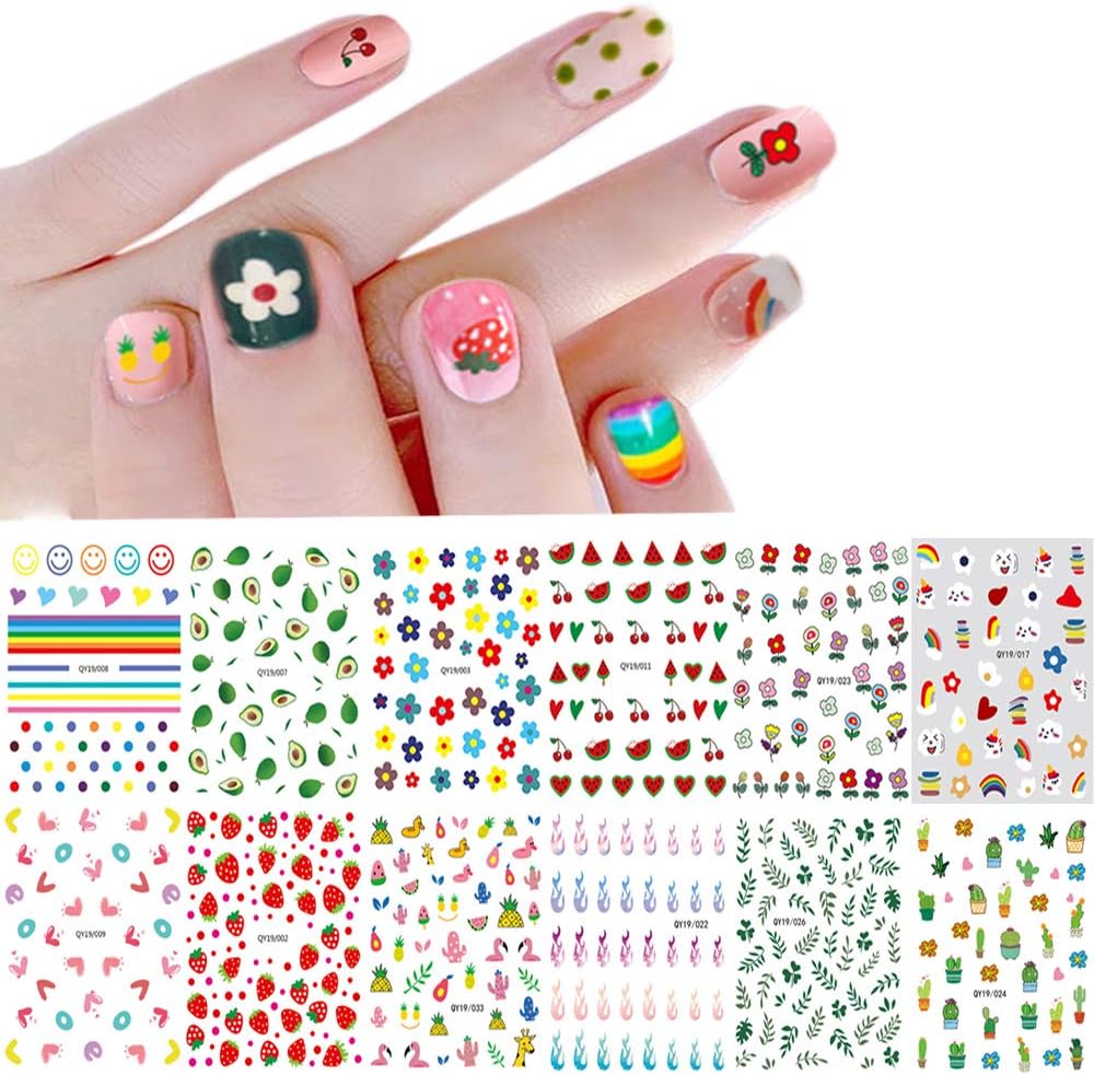 2 Sheets 3D Self-adhesive DIY Nail Art Decoration Set Including Flowers Leaves Animals Plants Fruits