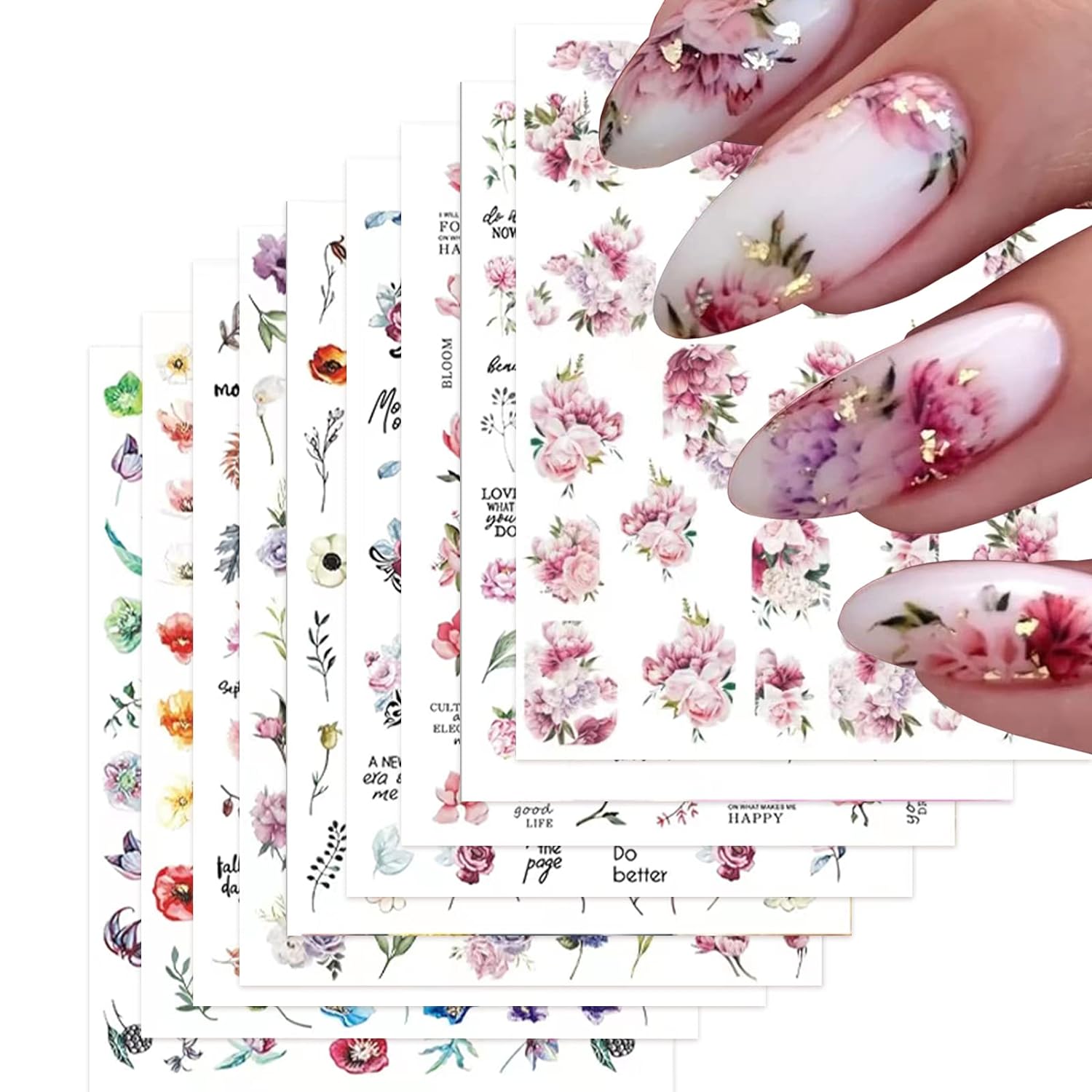 9 Sheets Flower Nail Art Stickers Decals 3D Self-Adhesive Nail Decals Spring Floral