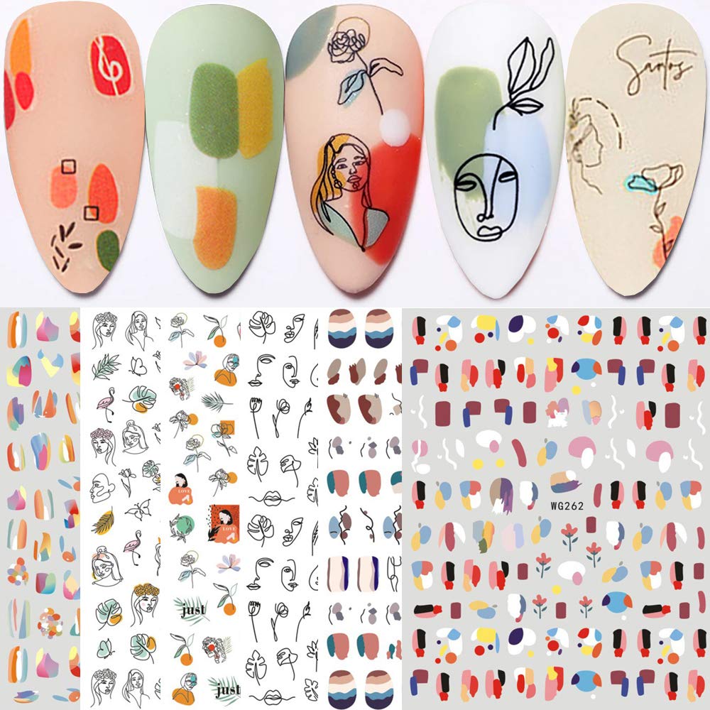 Graffiti Fun Nail Art Stickers, Abstract Nail Decals 3D Self-Adhesive, 6 Sheets