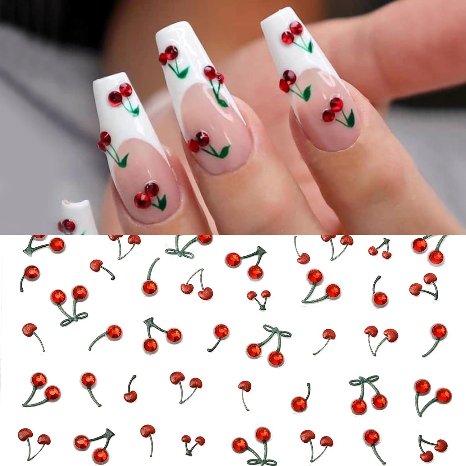 5D Nail Stickers Rhinestones Nail Art Crystal Cherry Art