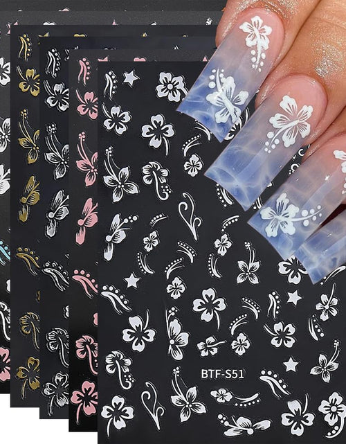 Load image into Gallery viewer, Hibiscus Nail Decals 3D Self-Adhesive White Pink Gold Flower Pattern, 6 Sheets
