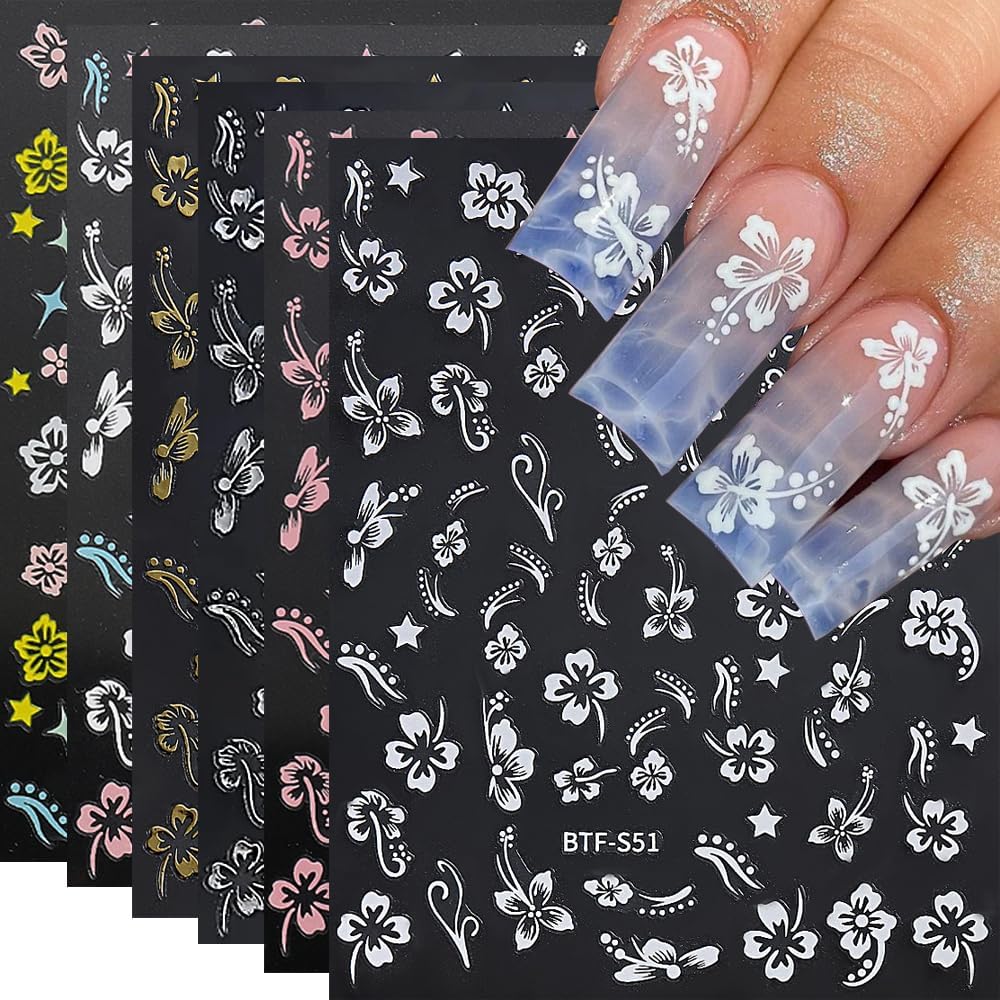 Hibiscus Nail Decals 3D Self-Adhesive White Pink Gold Flower Pattern, 6 Sheets