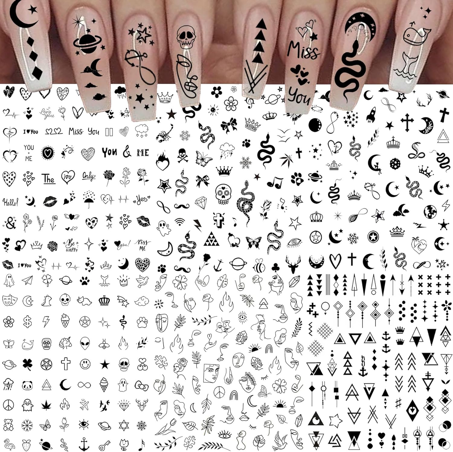 6 Sheets Self-Adhesive Snake Heart Moon Star Nail Art Sticker Decals, Abstract Lady Face Nail Stickers