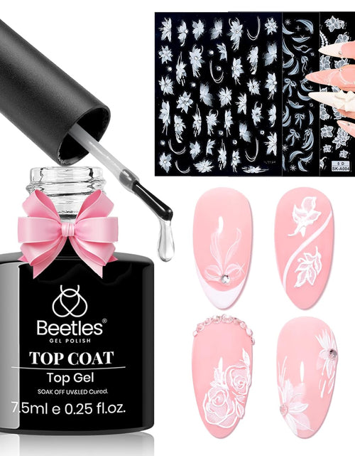 Load image into Gallery viewer, Gel Top Coat With 6 Pcs Nail Stickers for Nail Art, 5D Rhinestones Sticker Spring Embossed White Flower Design

