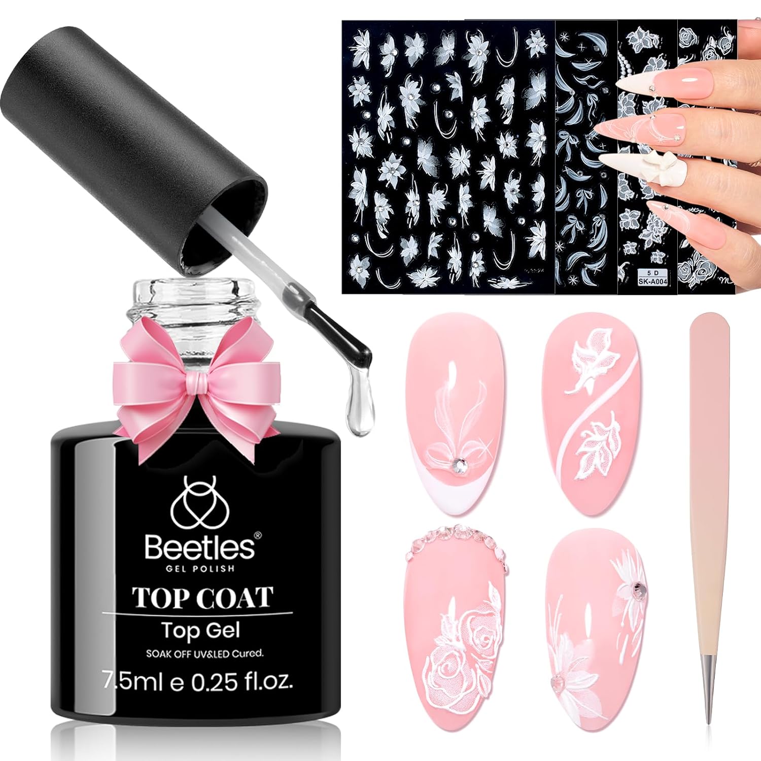 Gel Top Coat With 6 Pcs Nail Stickers for Nail Art, 5D Rhinestones Sticker Spring Embossed White Flower Design