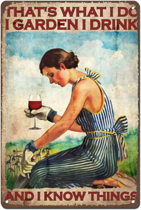 Vintage Tin Signs Funny Garden and Wine Lady Metal Tin Sign Wall Decor 12X8 Inch