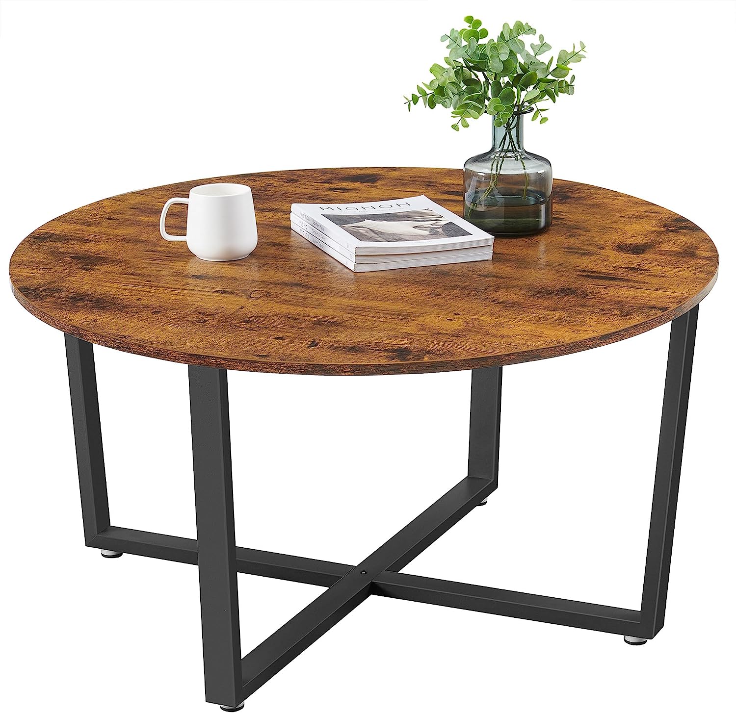 Coffee Table - Distressed Gray Oak Finish, Round, Black Metal Frame, Beige, Wood, Rustic