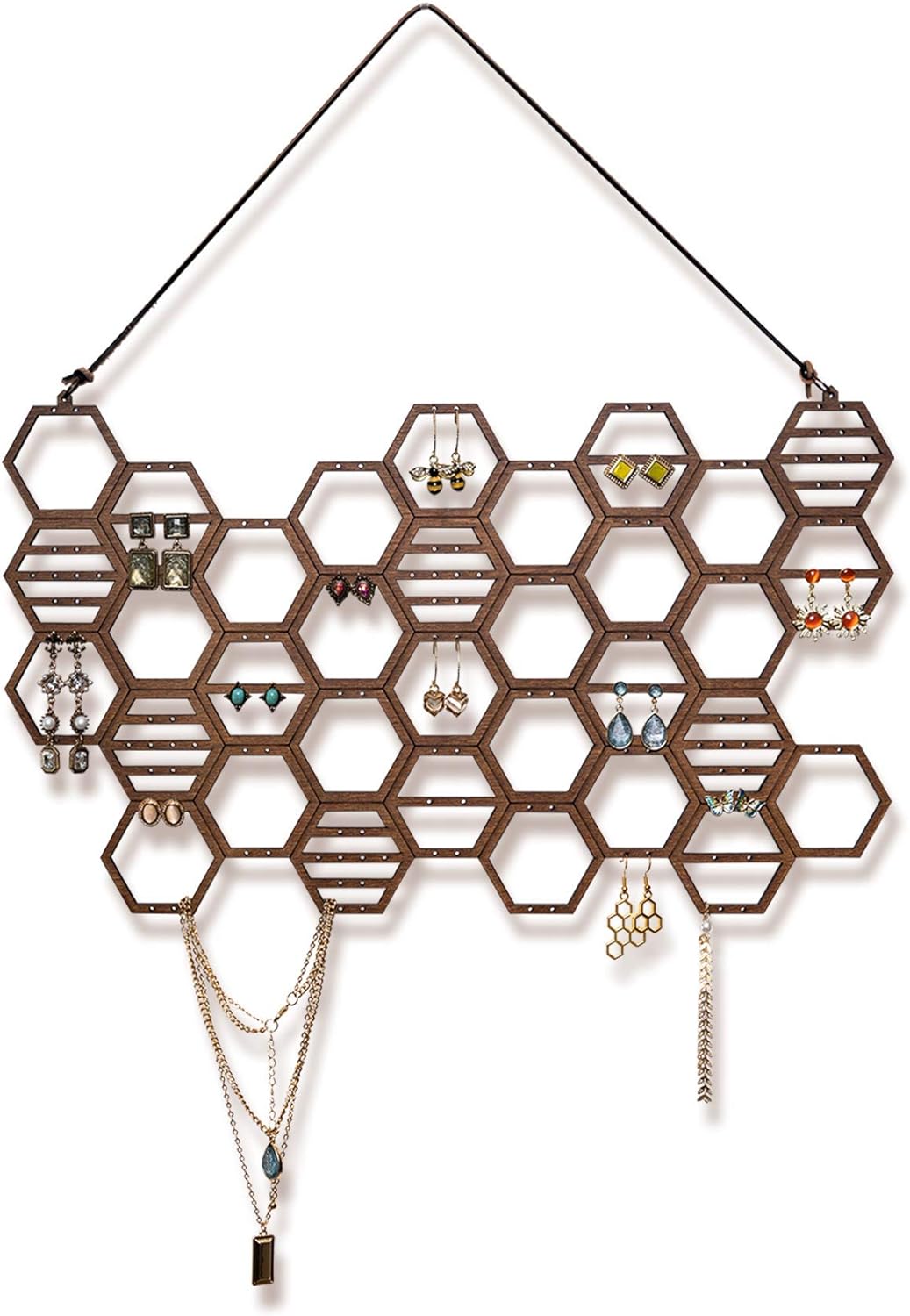 Hanging Holder Organizer Wall Display Jewelry for Stud Earrings Necklaces (Walnut)