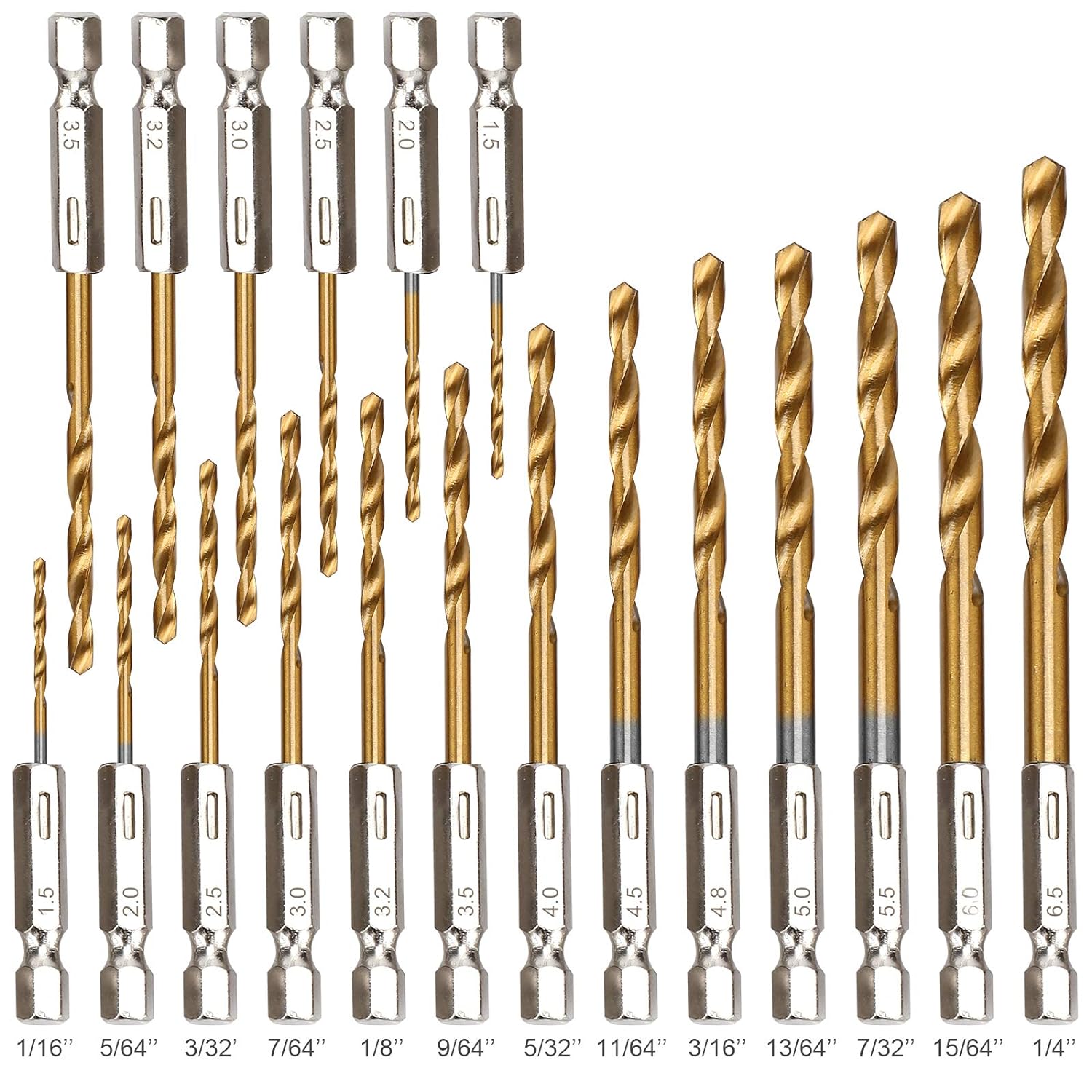 19PCS Premium Hex Drill Bit Set, Titanium Drill Bits Set 1/16"-1/4"