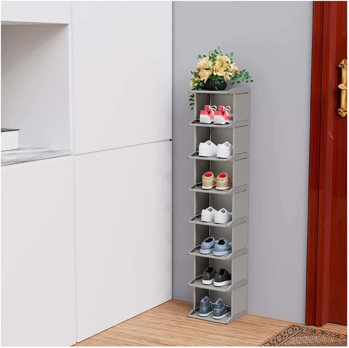 8 Tiers DIY Narrow Stackable Free Standing Shoes Storage Tall Organizer Vertical Entryway Hallway Shelf