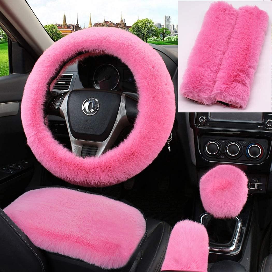 6pcs/Set Soft Fluffy Faux Wool Steering Wheel Cover & Seatbelt Shoulder