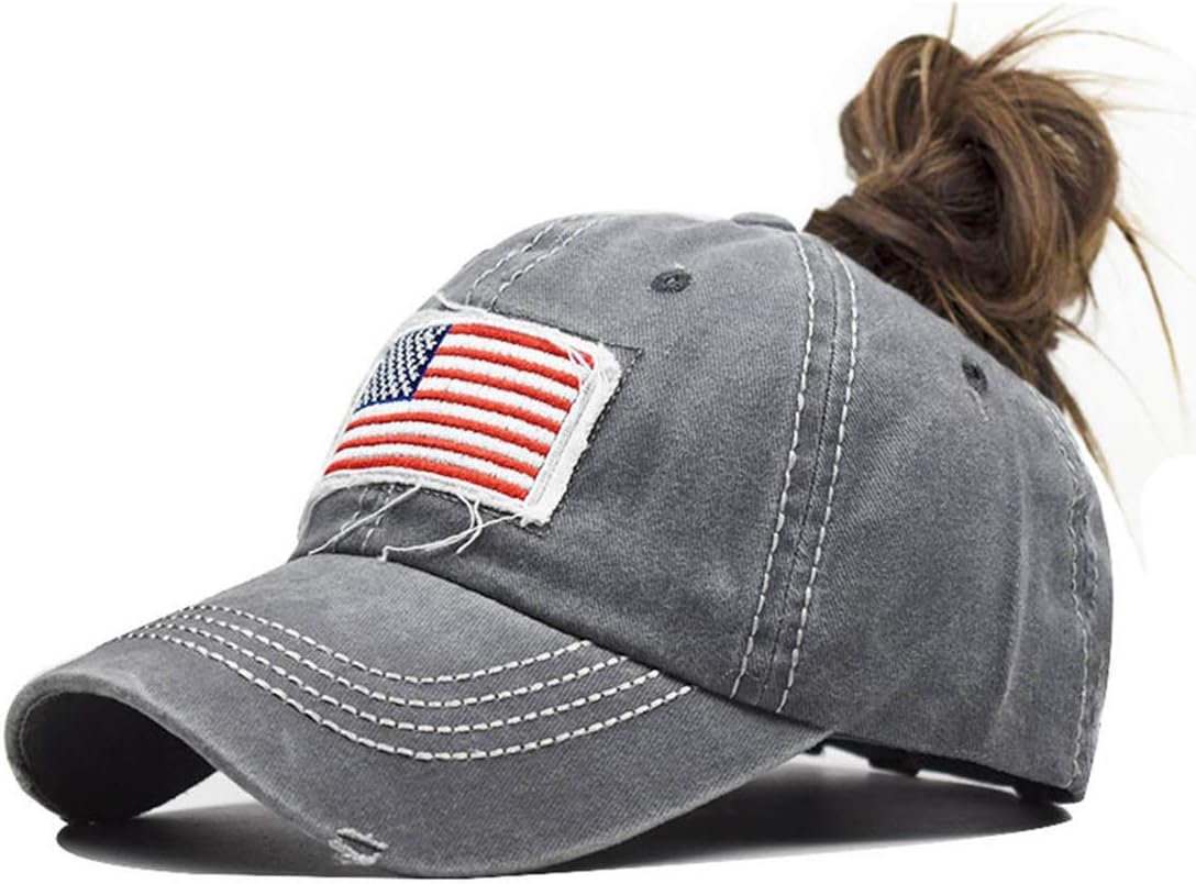 Ponytail Hat for Women American-Flag Pony Tail Caps High Bun