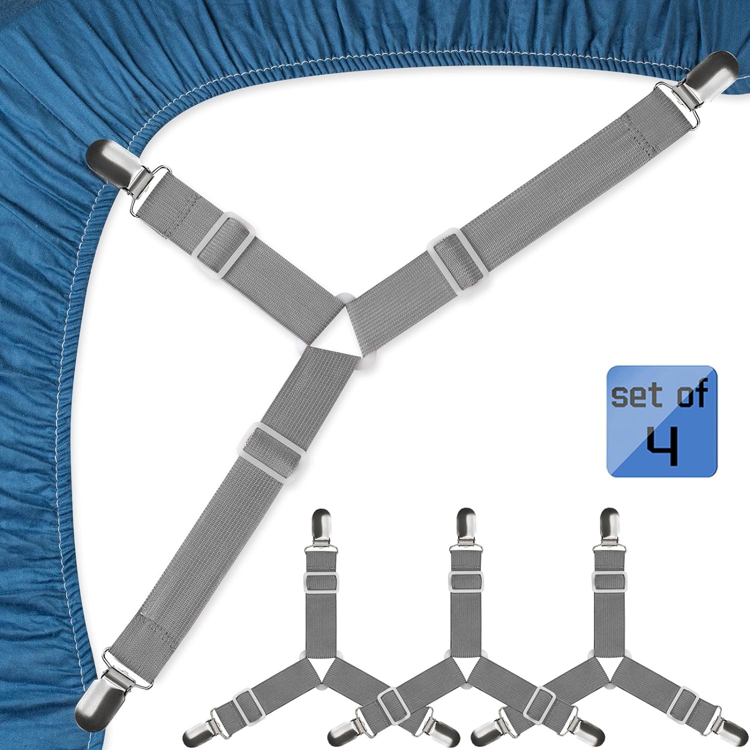 Bed Sheet Straps, Easy to Install Sheet Straps, Fitted Sheet Clips, Adjustable Sheet Fasteners (Gray-4 Pcs)