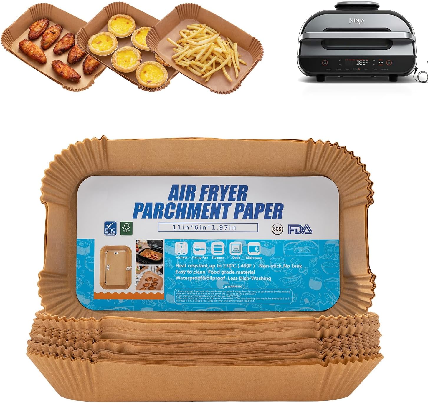 6-in-1 Indoor Grill,100PCS Rectangular Air Fryer Disposable Paper Liner