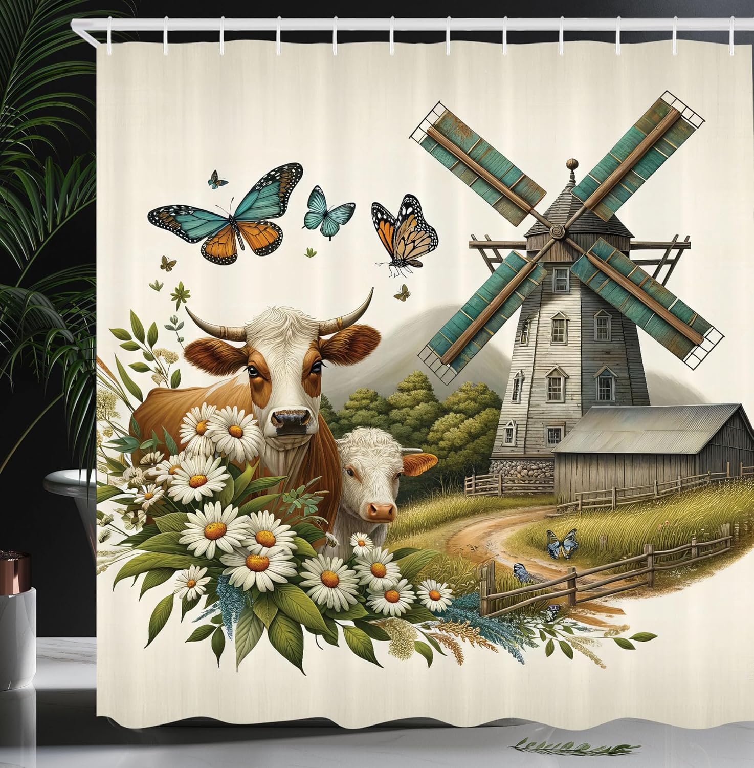 Farmhouse Shower Curtain, Windmill Barn Cottage Cows Butterflies and Daisies Countryside View,  69" W x 70" L, Green Turquoise Cinnamon