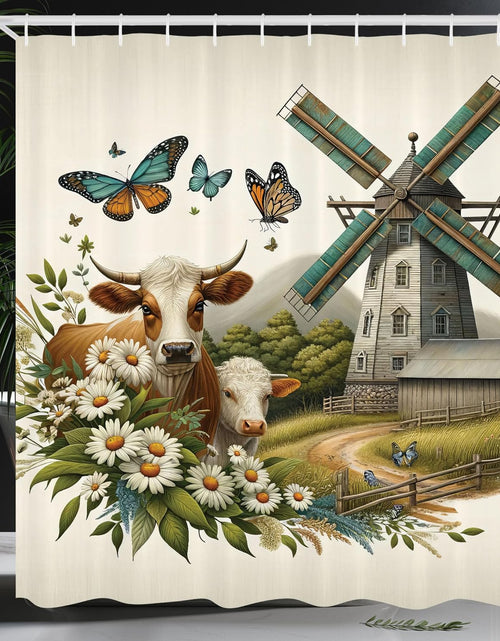Load image into Gallery viewer, Farmhouse Shower Curtain, Windmill Barn Cottage Cows Butterflies and Daisies Countryside View,  69" W x 70" L, Green Turquoise Cinnamon
