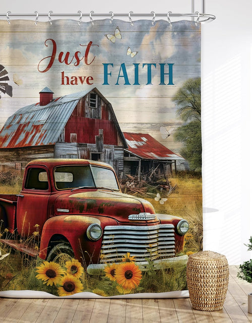 Load image into Gallery viewer, Rustic Farmhouse Shower Curtain 60Wx72L Inches Retro Red Truck Positive Quote Vintage Sunflowers
