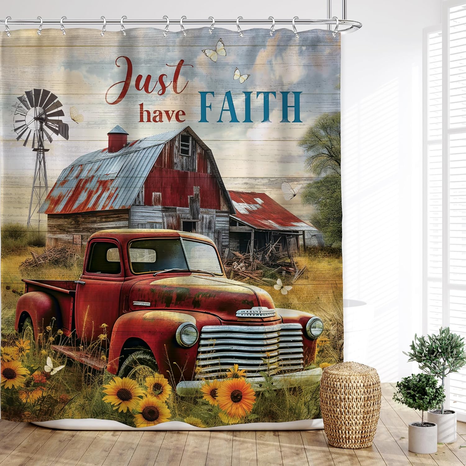 Rustic Farmhouse Shower Curtain 60Wx72L Inches Retro Red Truck Positive Quote Vintage Sunflowers
