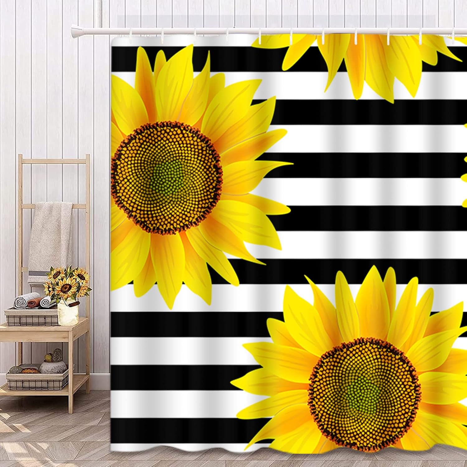 Shower Curtain Waterproof Home Decor Brown Bright Sunflowers Striped Black and White Pattern,66 x 72 inches
