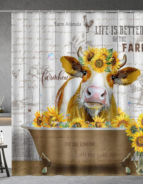 Load image into Gallery viewer, Cow Sunflower Shower Curtain Funny Cute Farm Animal Rustic Wooden Country Farmhouse, 72&quot;x72&quot;
