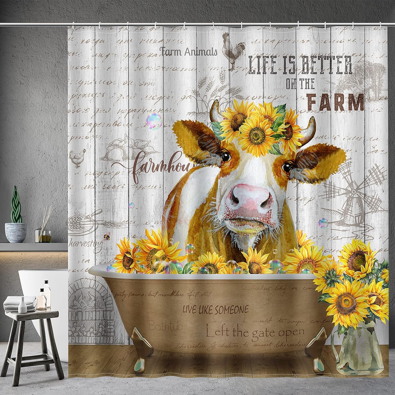 Cow Sunflower Shower Curtain Funny Cute Farm Animal Rustic Wooden Country Farmhouse, 72"x72"