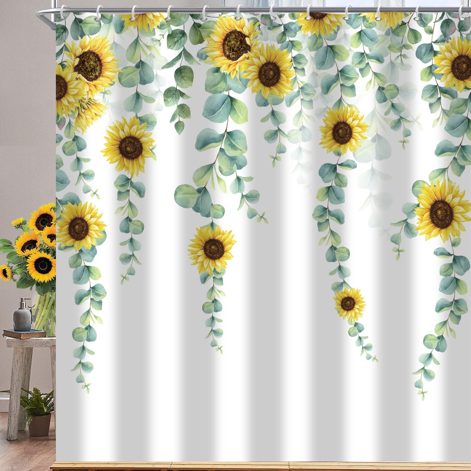 Eucalyptus Sunflower Shower Curtain Sage Green Spring Watercolor Leaves Farmhouse Decor, 72"x72"