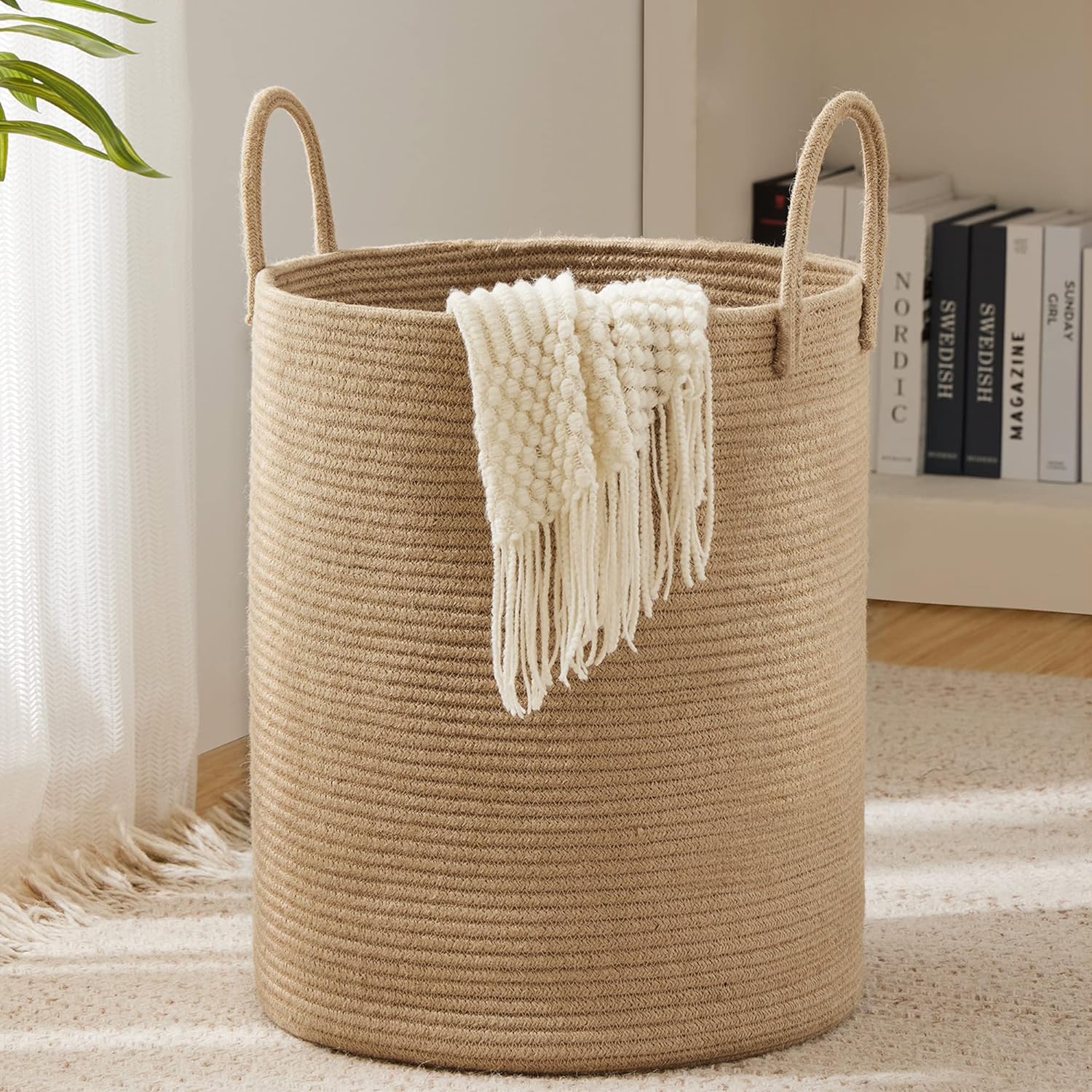 Jute Rope Laundry Hamper Basket, 58L Tall Laundry Basket, Baby Nursery Hamper for Blanket Storage