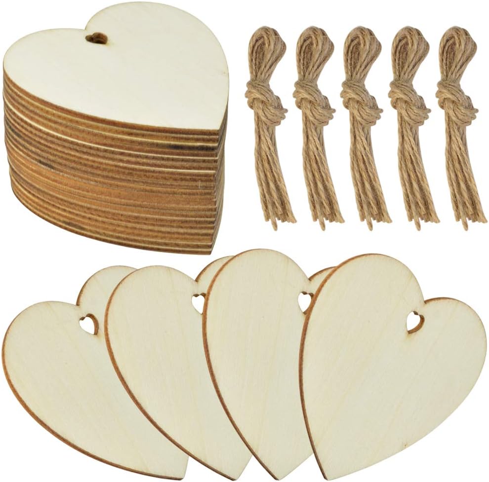 50 Pieces 3" Natural Heart Wood Slices, DIY Wooden Ornaments Unfinished Predrilled Wooden Heart Embellishments with Natural Twine