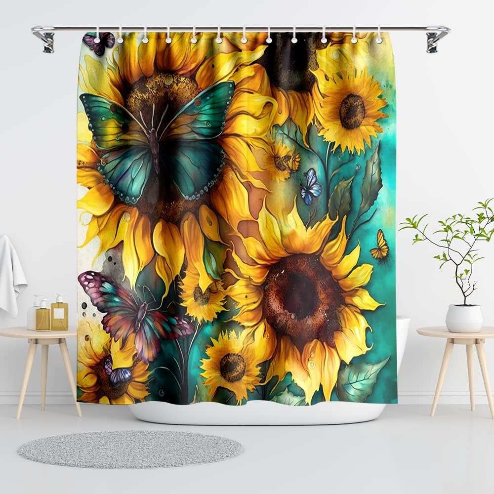 Big Yellow Sunflower Shower Curtain with Hooks Summer Waterproof Floral Decorative Bathroom Curtain Set, 72"x72" Seamless