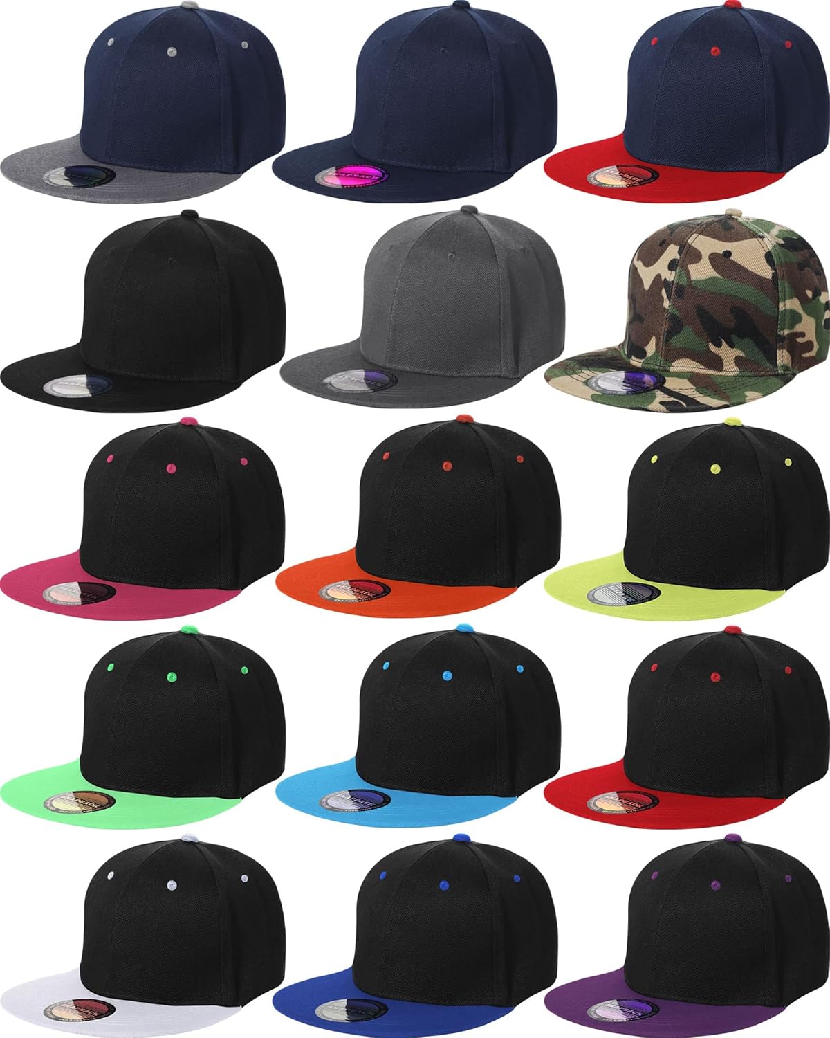 15 Pack Snapback Hats for Men Hip Hop Style Hats Solid Baseball Hats Adjustable Snapback Cap Flat Brim Baseball Caps (Mixed)