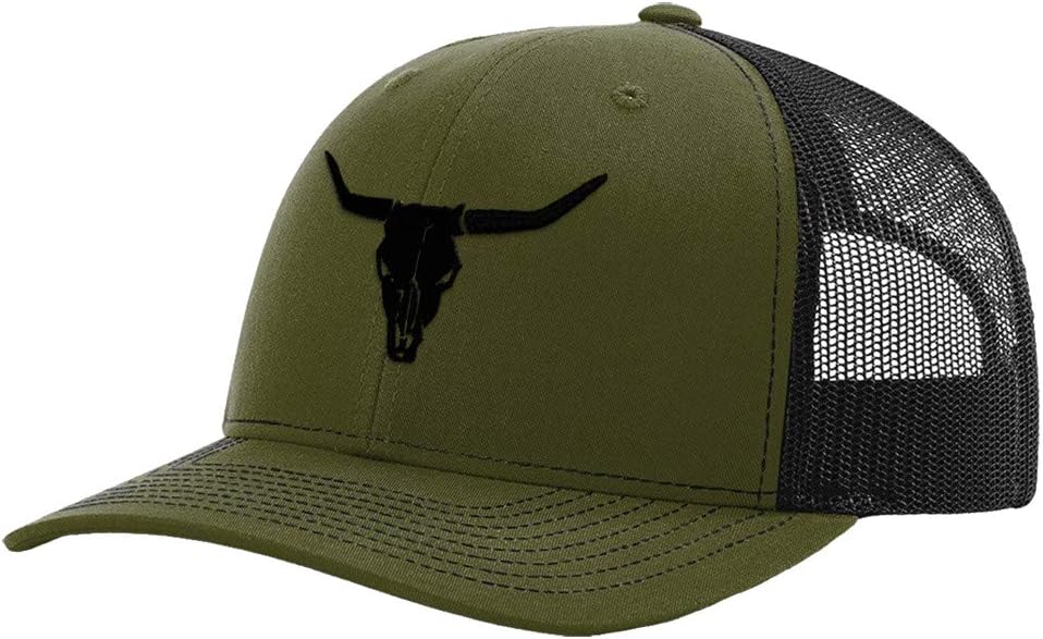 Richardson Trucker Hat Cow Skull A Embroidery Polyester Baseball Cap (Loden Black Design Only)
