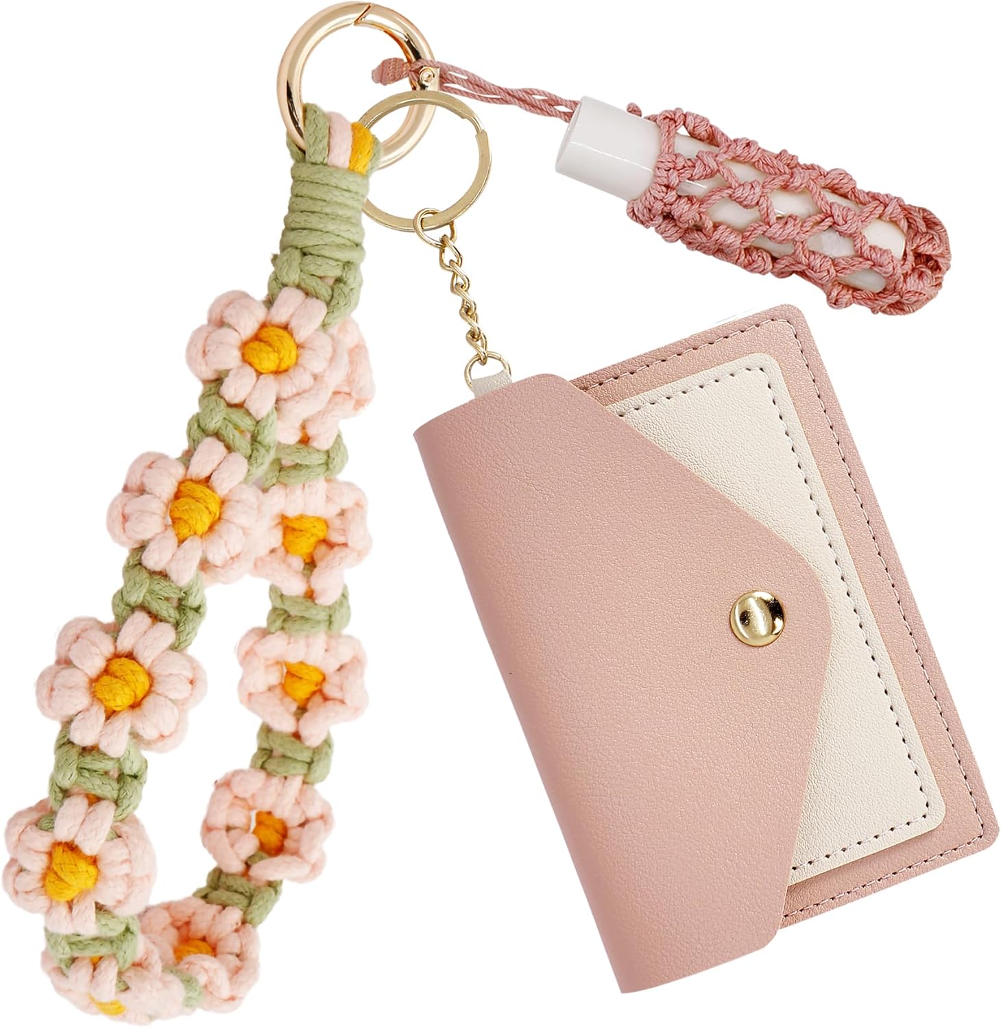 Boho Wristlet Keychain Wallet Lipstick Holder Handmade Wristband Bracelet, Pink Green