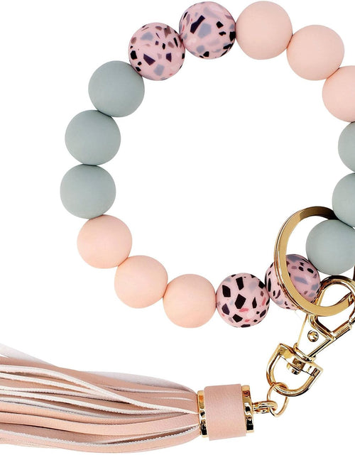 Load image into Gallery viewer, Keychain Bracelet Silicone Key Ring Wristlet with Leather Tassel Wrist Key Ring Bangle Silicone Bead, Light Pink
