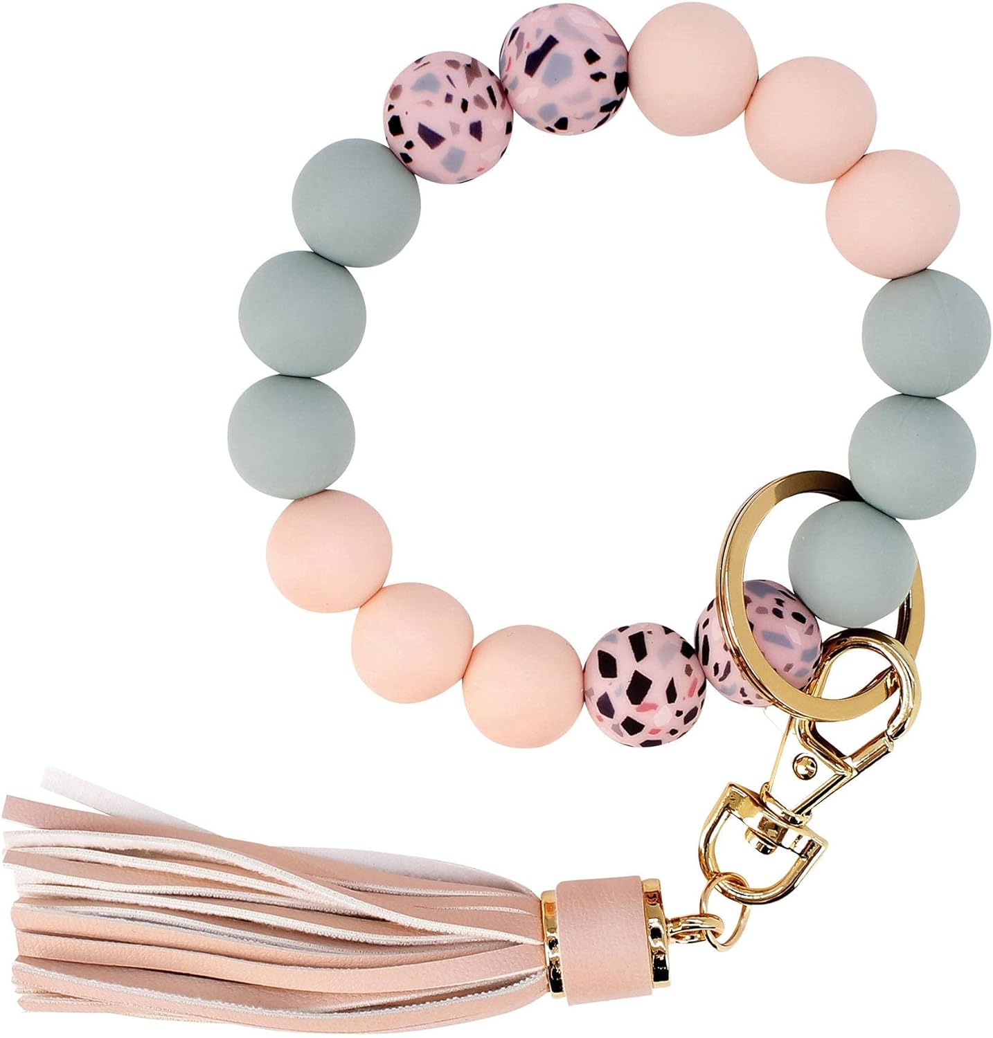 Keychain Bracelet Silicone Key Ring Wristlet with Leather Tassel Wrist Key Ring Bangle Silicone Bead, Light Pink