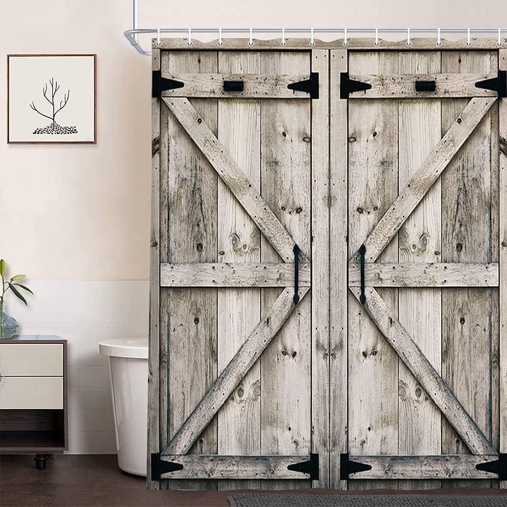 Rustic Wooden Vintage Farmhouse Wooden Country Barn Door Shower Curtain,  60X70in