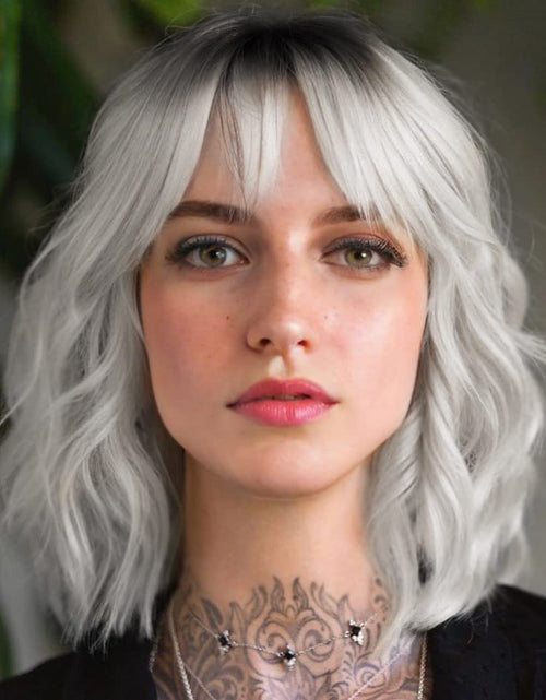 Load image into Gallery viewer, Short White Silver Wigs for Women Ombre Grey Wavy Bob Wig with Bangs Medium Length Synthetic Hair, 12 inches, Ombre Silver
