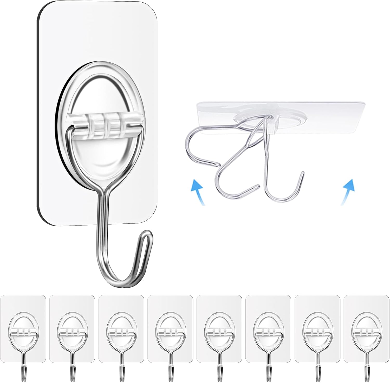 8PCS Adhesive Wall Hooks Sticky Hooks - Hanging Up to 11Lbs (5Kg), Small Stick on Hooks, Self Adhesive 204 Stainless Steel Hooks (Clear)