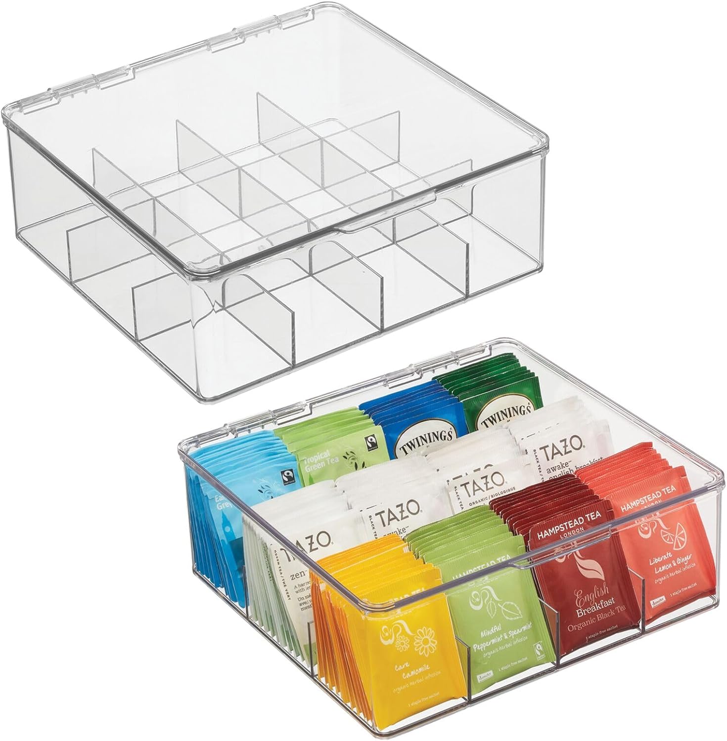 2 Pack Plastic Stackable Tea Bag Storage Bin Organizer Box Holder with Lid for Kitchen Cabinets