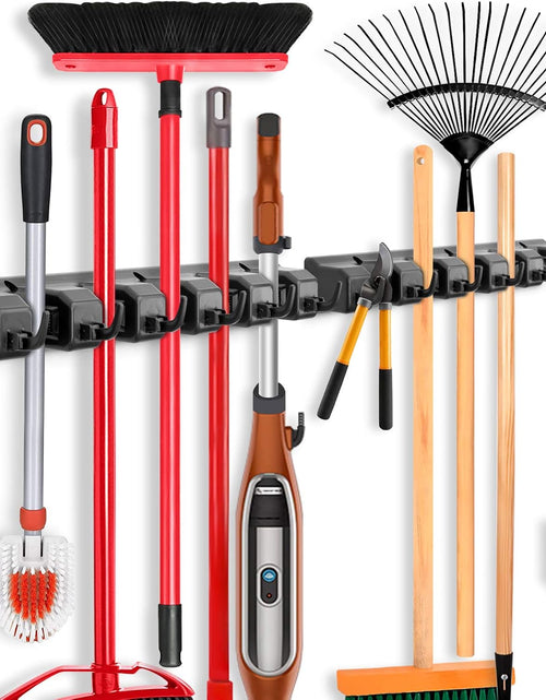 Load image into Gallery viewer, 2 Pack Mop and Broom Holder, Wall Mounted Organizer Mop and Broom Storage Tool Rack with 5 Ball Slots and 6 Hooks (Black)
