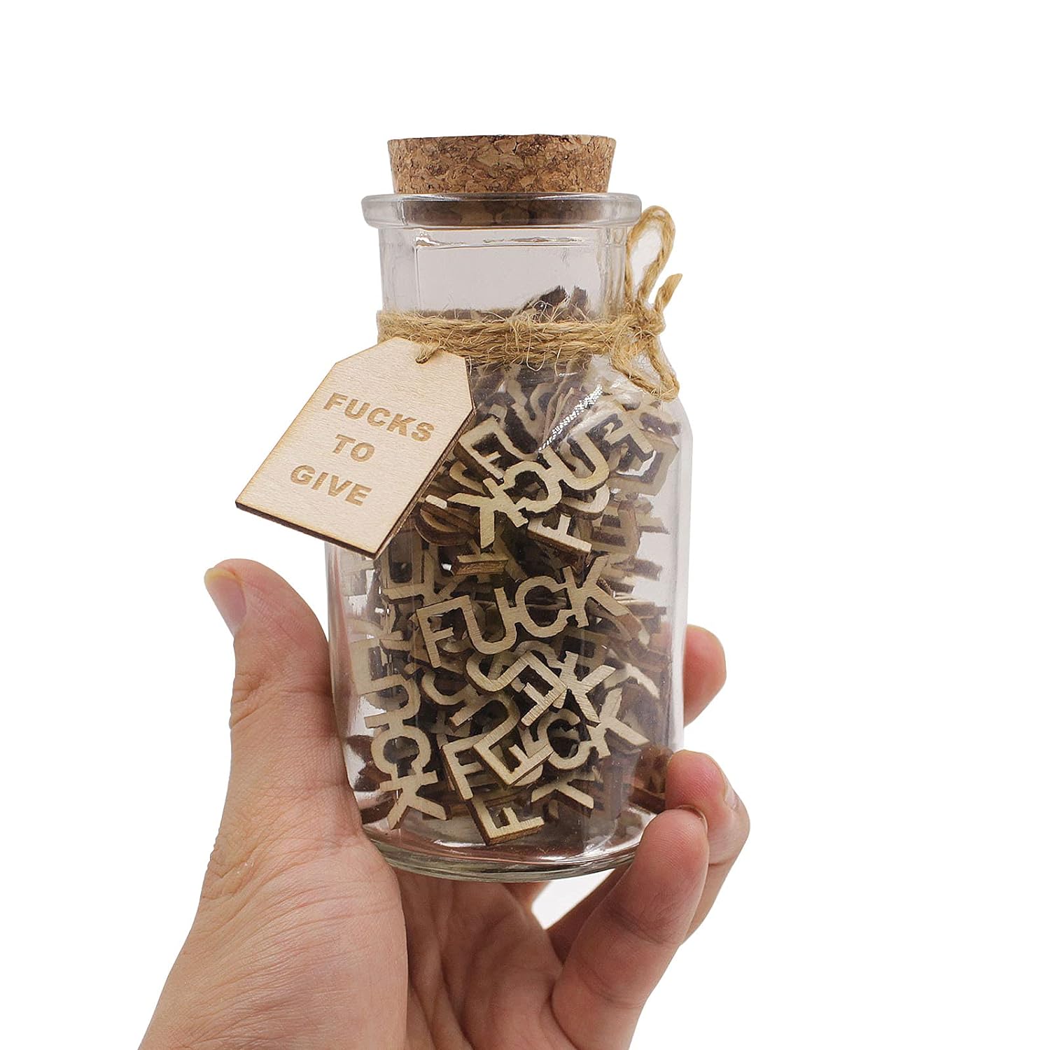Jar of Fucks (5oz) - Gift Jar, Wooden Cutout Letter Piece, Bad Mood Vent, Spoof Birthday, Holiday Gift to Friend - Funny Gift for Valentine's Day