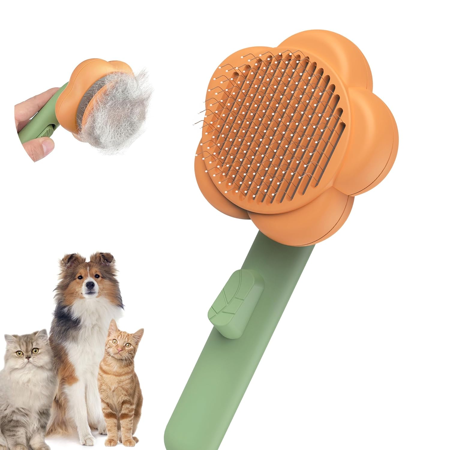 Pet Grooming Brush Cat Deshedding Brush, Self-Cleaning Slicker Cat Brushes ,Orange+Green