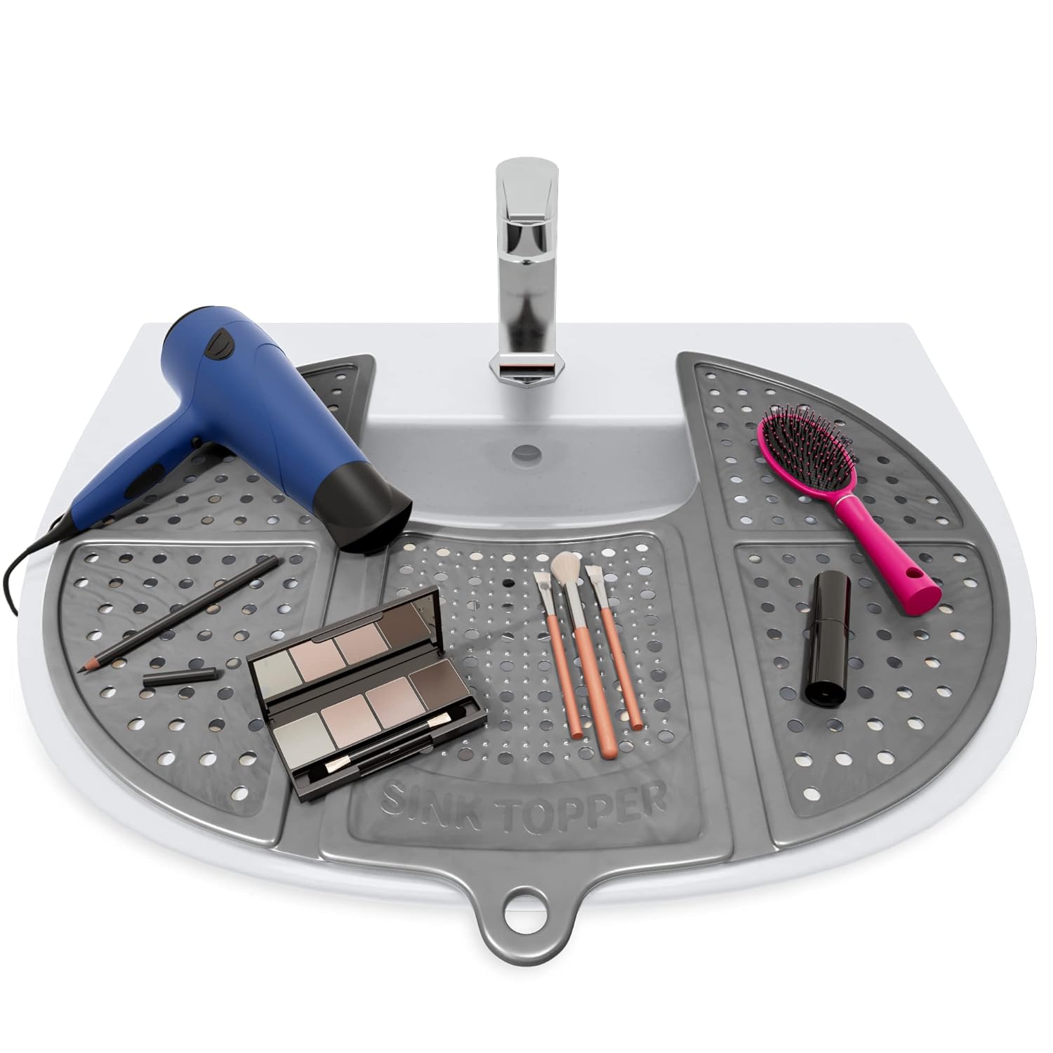 Sink Topper Foldable Sink Cover - Silicone Beauty Makeup Brush Cleaning Mat Hot Tools Organizer,  Standard, Silver