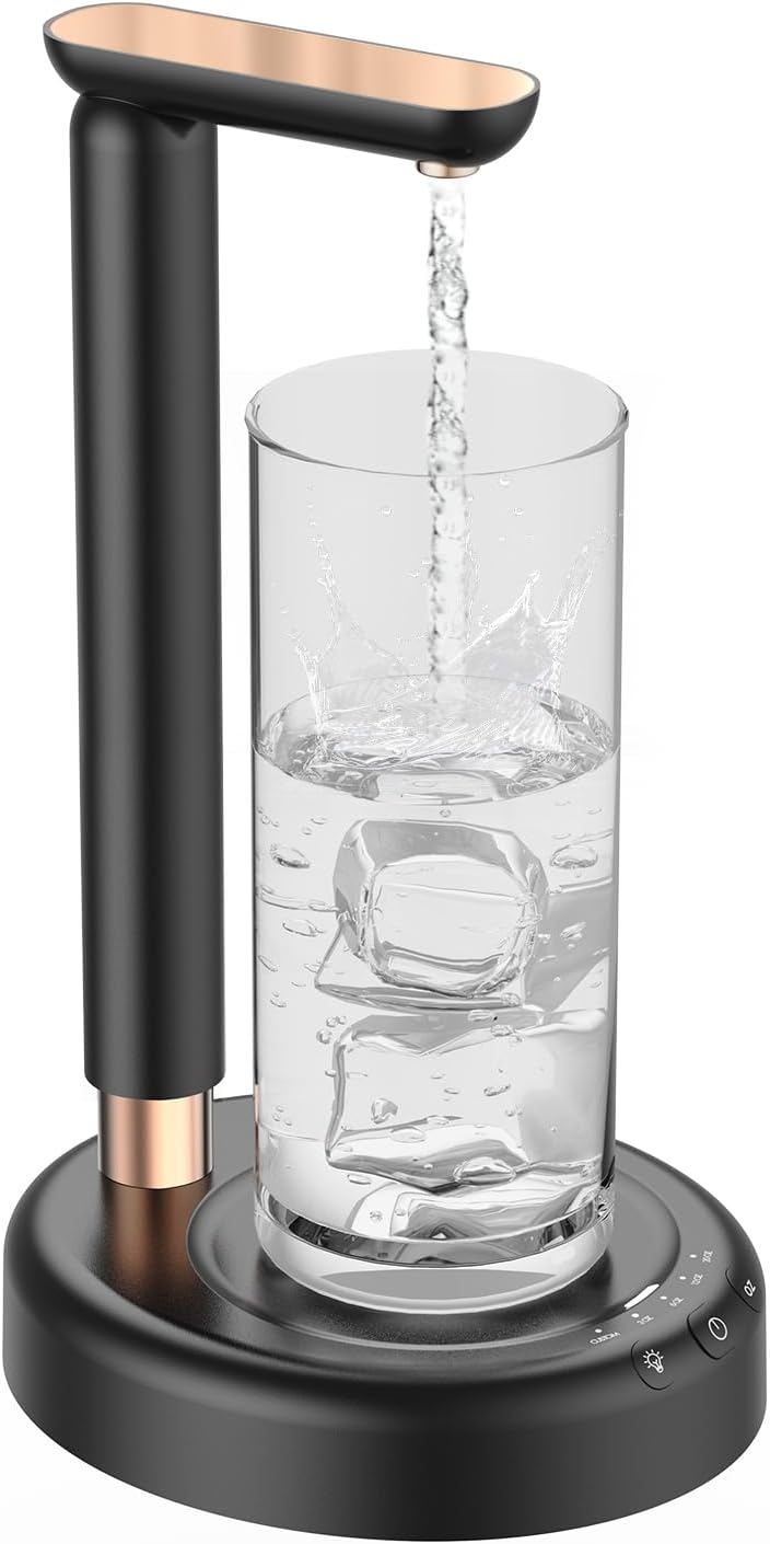 Electric Table Water Dispenser with Adjustable Height Design for 1-5 Gallon Bottle Pump Portable Type-C Charging, Black