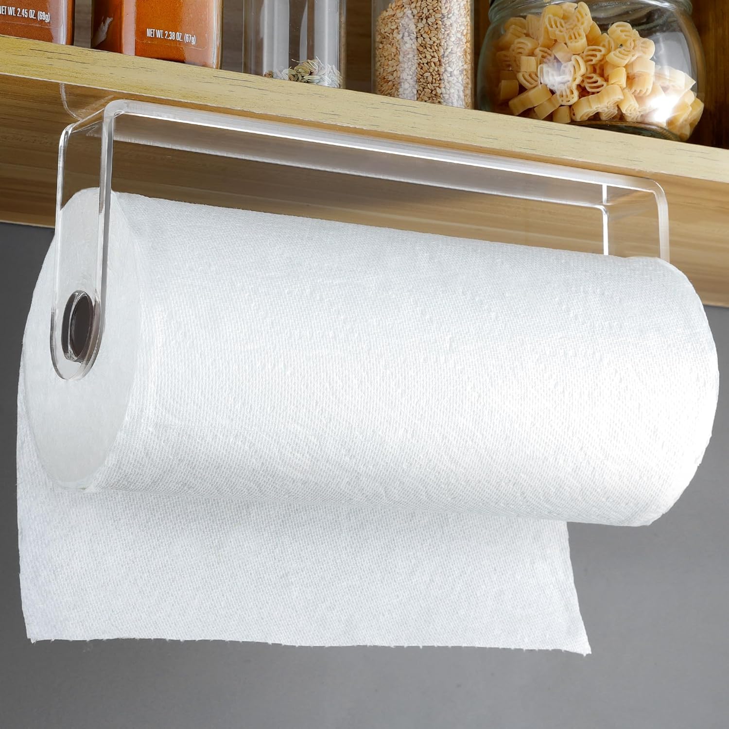 Acrylic Paper Towel Holder - Kitchen Paper Towel Holder Under Cabinet, One Hand Operable, Self Adhesive Paper Towel Rack for Bathroom Organizer