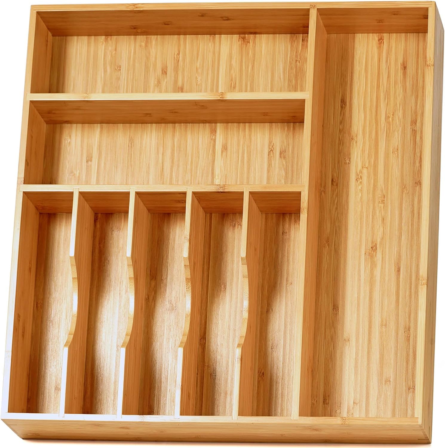 Large Kitchen Drawer Organizer, 19"x19" Silverware Utensils Organizer, 2.5" High for Large Deep Drawers, Bamboo Flatware Holder