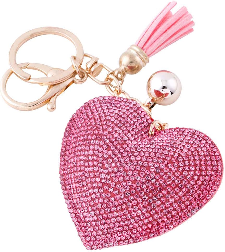 Glitter Keychain Premium SS6 Crystal Tassel Key Chain Leather Bag Charm for Women Girls (Love Heart Hot Pink)