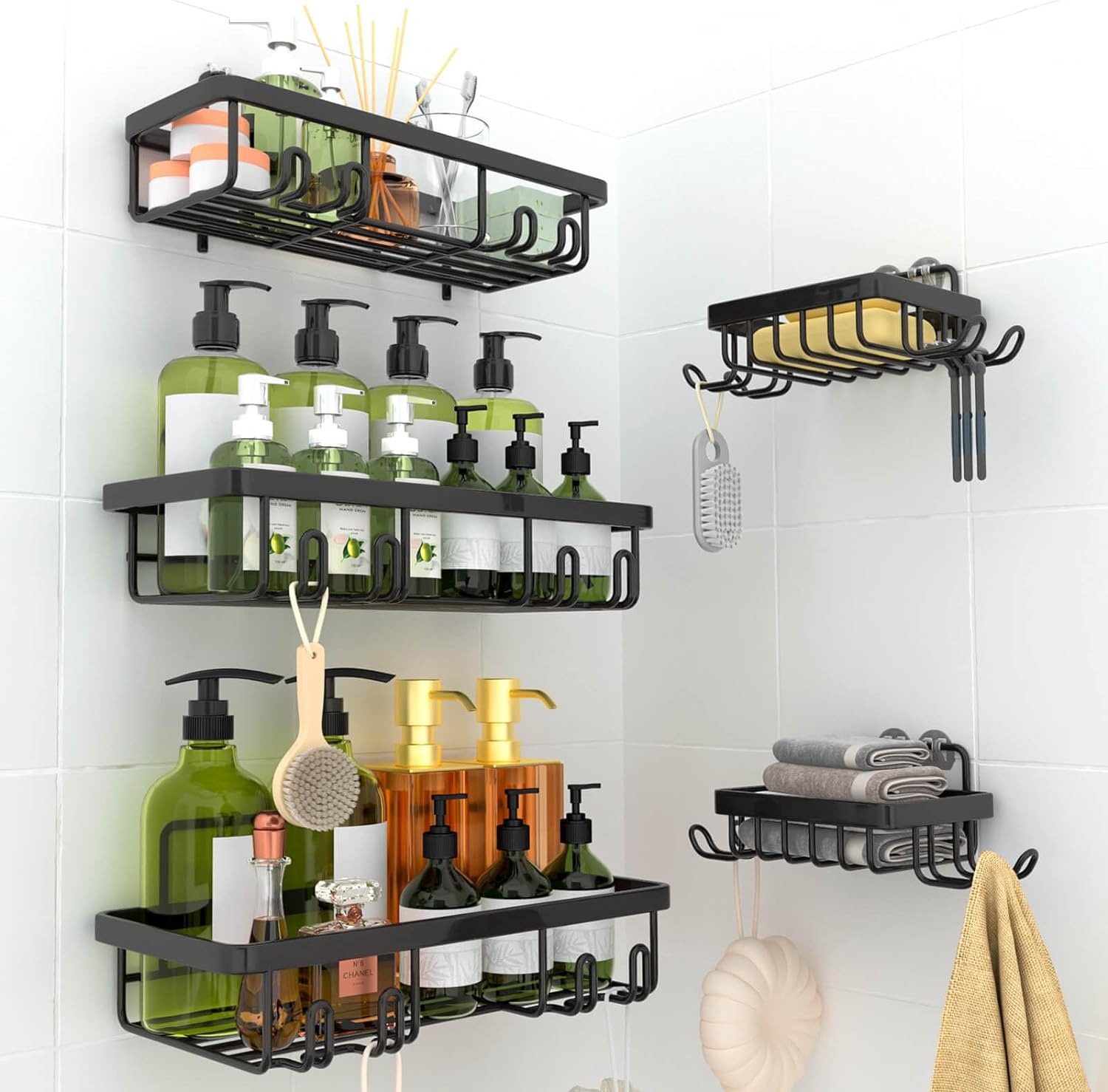 Shower Caddy, Shower Organizer [5-Pack], Adhesive Shower Shelves, No Drilling, Large Capacity Shower Rack