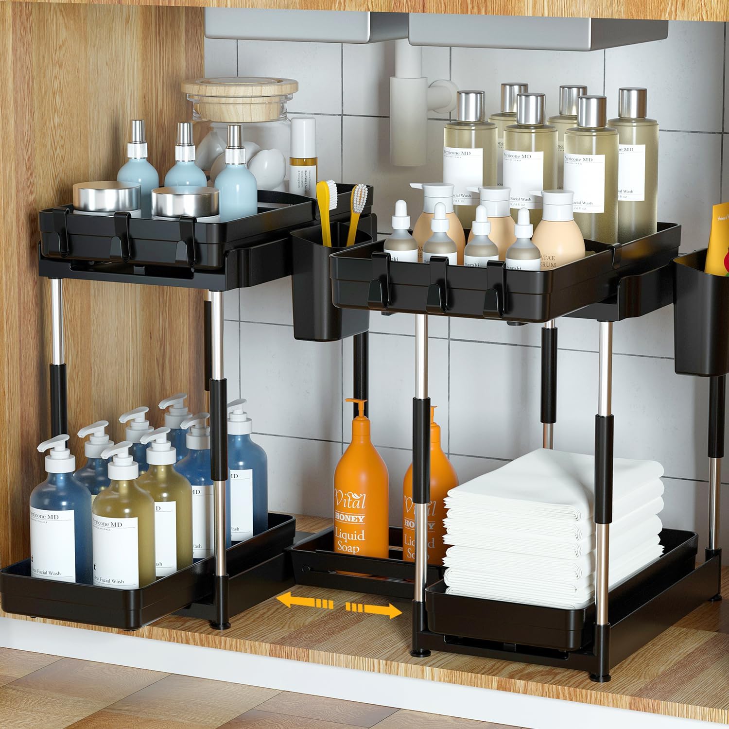 Double Sliding Under Sink Organizers and Storage - Adjustable 2 Tier Pull Out Under Cabinet Organizer, 2 Pack