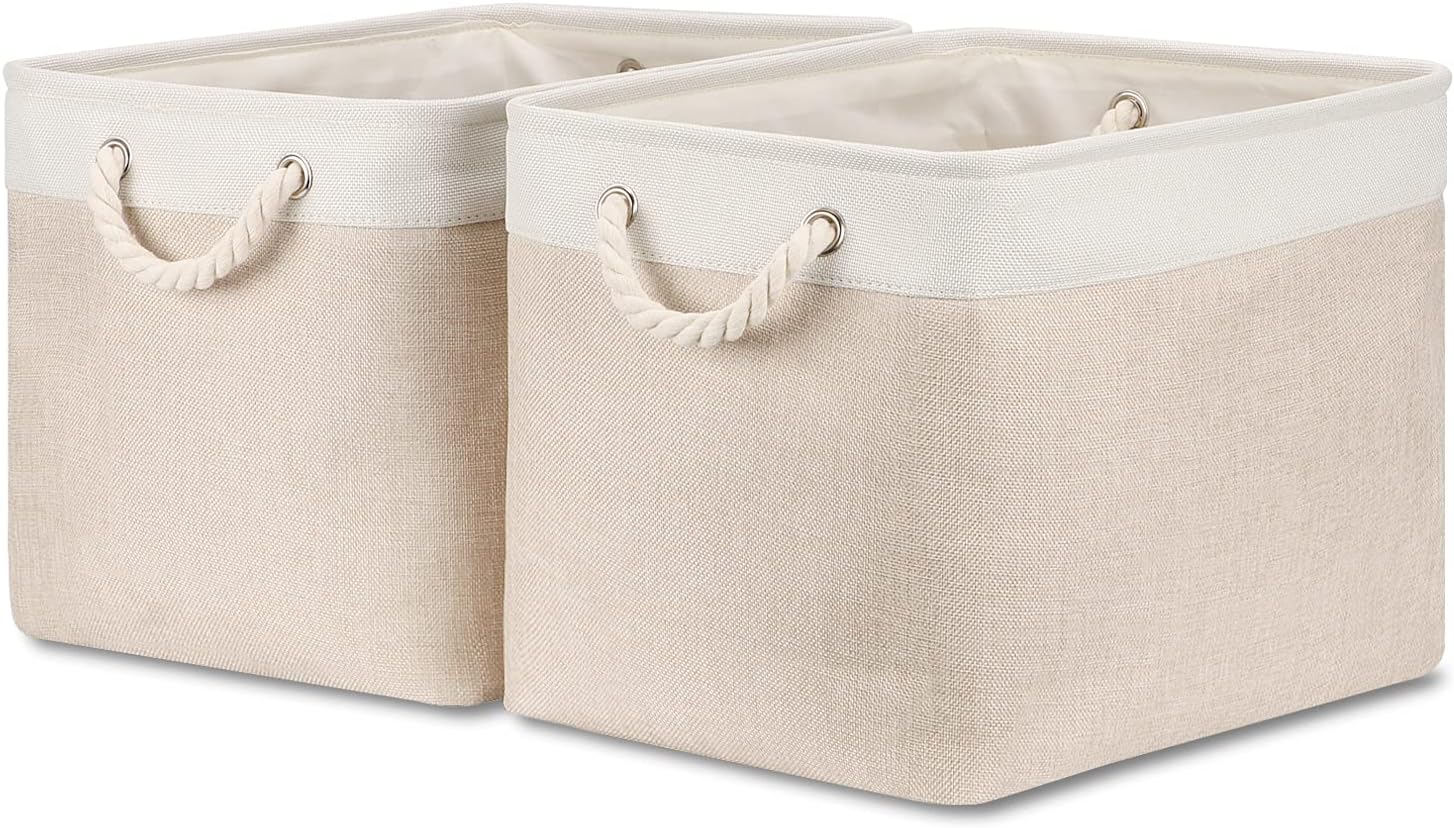 Beige Storage Basket Large Fabric Cloth Baskets [2-Pack] Tall Rectangular Shelf Baskets 16X11.8X11.8 in Canvas Collapsible Storage Bins