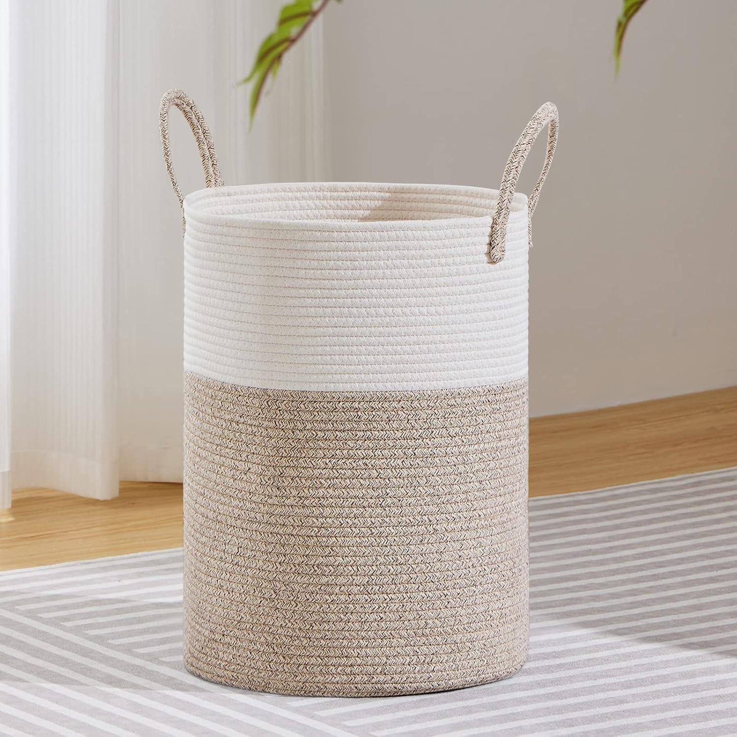 Large Laundry Hamper, Tall Woven Rope Storage Basket for Blanket, 58L White & Brown